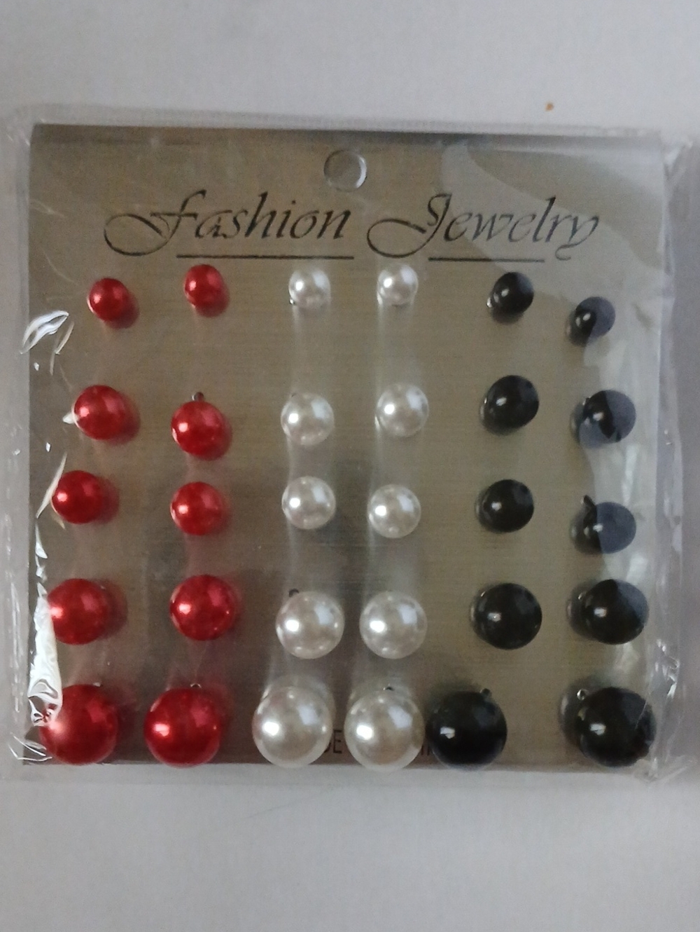 Fashion Jewelry Red, White & Black Pearl Stud Earring Set - 15 Pairs